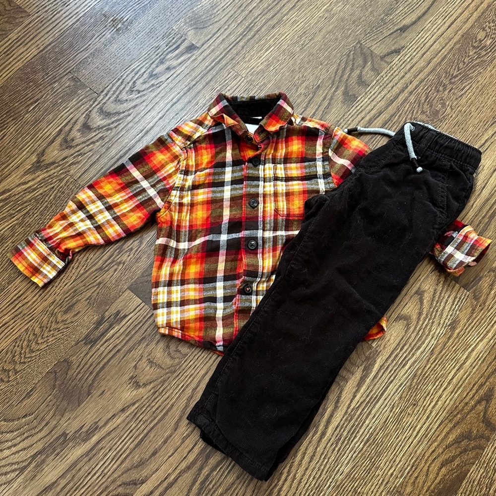 Gymboree fall harvest plaid shirt and brown corduroy pants, size 12-18M